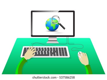 Computer and business man worker, man in office desk, table workplace, character work manager vector illustration
