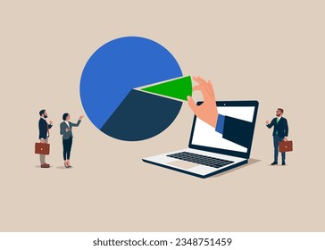 Computer and business people arrange pie chart as suitable for risk and return. Investment asset allocation and rebalance. Vector illustration