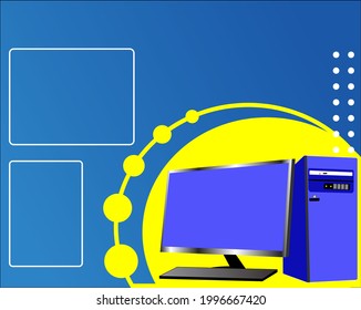 Fondo de concepto de banner de afiches para empresas informáticas ofrece promoción, diseño con elementos de monitor y cpu aislados en fondo azul y amarillo