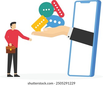 Computadora y hombre de negocios dando burbuja de discurso de Comentarios. Comunicación, Encuesta del empleado o sugerencia del Cliente. Ilustración vectorial

