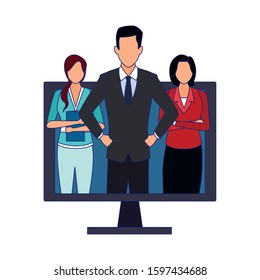 computer with businesspeople on screen over white background, colorful design, vector illustration