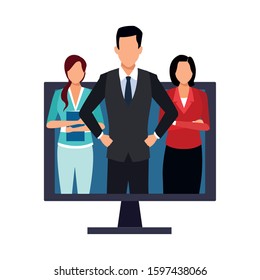 computer with businesspeople on screen over white background, vector illustration