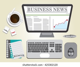 computer with bussiness news on screen monitor, coffee, mouse, and supplies