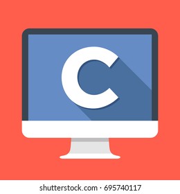 Computer with C letter on screen. C programming language. Programming, coding, learning concepts. Simple flat icon. Modern long shadow flat design vector illustration