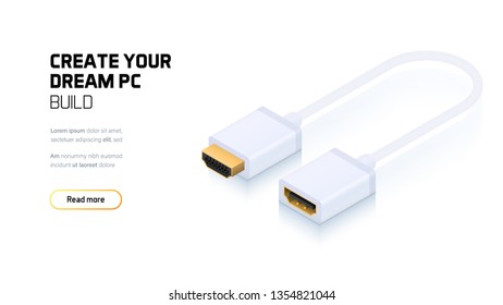 Computer cable 3d realistic isometric illustration, personal computer hardware components, custom gaming and workstation accessories, pc store and service