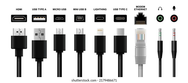 Computer cable, plug and wire realistic mockup vector set. Video, audio, usb, hdmi, network modem ethernet and electric connectors illustration