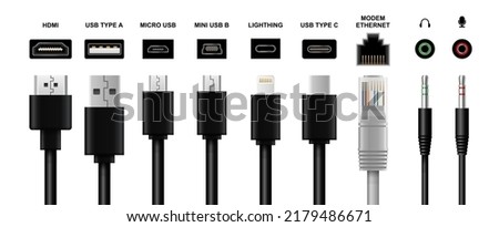 Computer cable, plug and wire realistic mockup vector set. Video, audio, usb, hdmi, network modem ethernet and electric connectors illustration