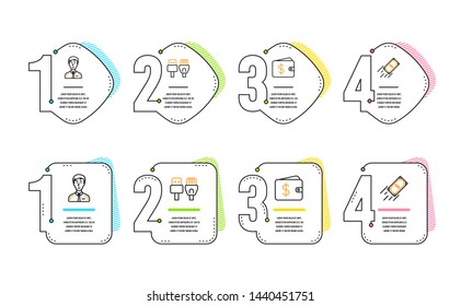 Computer cables, Dollar wallet and Businessman person icons simple set. Fast payment sign. Rj45 internet, Cash money, Male user. Finance transfer. Infographic timeline. Line computer cables icon