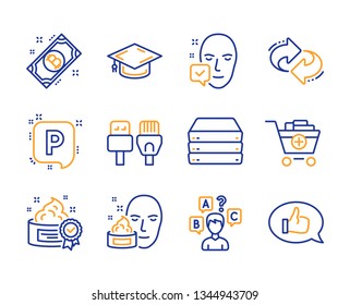 Computer cables, Face accepted and Face cream icons simple set. Refresh, Parking and Servers signs. Cream, Add products and Bitcoin symbols. Quiz test, Graduation cap and Feedback. Vector