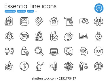 Cables de computadora, huellas dactilares e iconos de la línea del termómetro meteorológico. Colección de documentación técnica, Calendario, iconos de realidad aumentada. Enfermera, laboratorio de química, elementos web de aplicaciones 3d. Vector