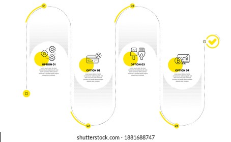 Computer cables, Gears and Cashback line icons set. Timeline process infograph. Bitcoin chart sign. Rj45 internet, Work process, Non-cash payment. Cryptocurrency statistics. Technology set. Vector