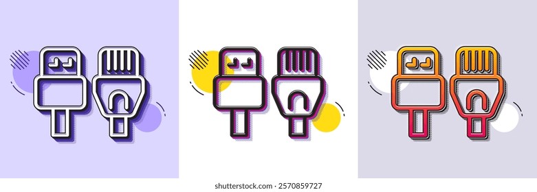 Computer cables line icon. Halftone dotted pattern. Gradient icon with grain shadow. Usb, rj45 connection wires. Line computer cables icon. Various designs. Vector