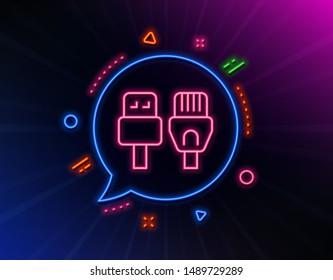 Computer cables line icon. Neon laser lights. Usb, rj45 connection wires. Glow laser speech bubble. Neon lights chat bubble. Banner badge with computer cables icon. Vector