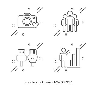 Computer cables, Photo camera and Group line icons set. Graph chart sign. Rj45 internet, Love photos, Managers. Growth report. Science set. Line computer cables outline icon. Vector