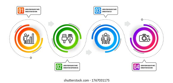 Computer cables, Photo camera and Group line icons set. Infographic timeline. Graph chart sign. Rj45 internet, Love photos, Managers. Growth report. Science set. Vector
