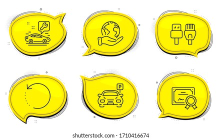 Computer cables sign. Diploma certificate, save planet chat bubbles. Car service, Parking and Recovery data line icons set. Repair service, Car park, Backup info. Rj45 internet. Technology set. Vector