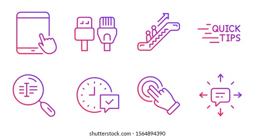Computer cables, Touchscreen gesture and Tablet pc line icons set. Search text, Escalator and Education signs. Select alarm, Sms symbols. Rj45 internet, Click hand. Technology set. Vector