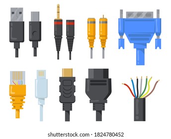 Computer Cables, Wires And Cords Flat Item Set. Cartoon Black And Colored Connectors For HDMI Or VGA Port Isolated Vector Illustration Collection. Network And Communication Concept