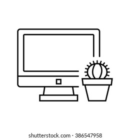 Computer with cactus icon in thin line style.  Vector symbol.