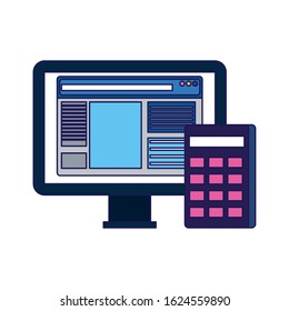 computer and calculator icon over white background, vector illustration