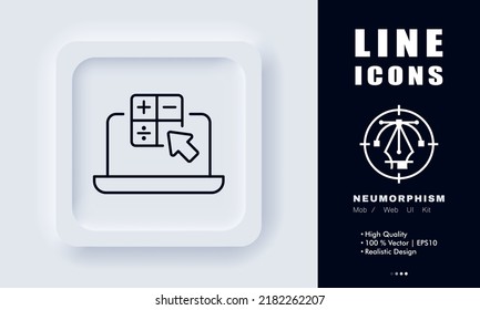 Icono de línea de calculadora de equipos. Portátil, flecha, cursor, recuento, cálculos, usuario, computación, contabilidad. Concepto tecnológico. Estilo neomorfista. Icono de línea de vector para negocios y publicidad.