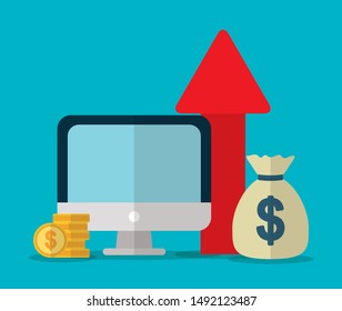 computer calculator money bag arrow up business success productivity vector illustration