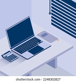 Computer und Taschenrechner auf dem Schreibtisch. Laptop am Fenster. Laptop und Taschenrechner mit flacher Vektorgrafik. flach isometrische Vektorgrafik.