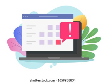 Computer With Calendar Deadline Online List Note Notice On Website As Electronic Or Digital Internet Important Event Reminder On Laptop Icon Vector Flat Cartoon, Agenda Web Important Date Modern Note