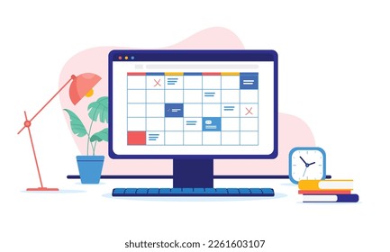 Calendario del equipo - Pantalla de escritorio con fechas y tareas marcadas. Planificación del tiempo y concepto de planificación, ilustración vectorial con fondo blanco