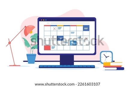 Computer calendar - Desktop pc screen with dates and tasks marked. Time planning and schedule concept, vector illustration with white background
