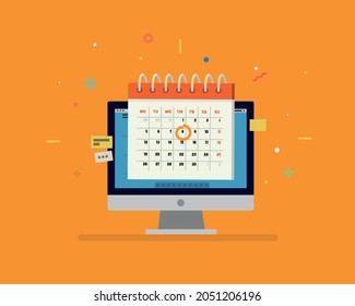 Computer calendar event reminder on orange background.