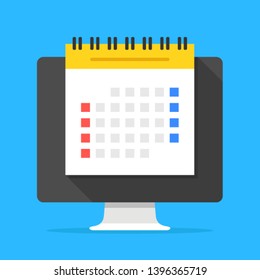 Computer With Calendar On Screen. Schedule, Agenda, Online Planner, Planning, Meeting, Time Management Concepts. Modern Flat Design. Vector Illustration