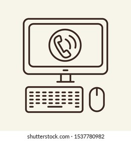 Computer call line icon. Computer, screen, handset. Communication service concept. Vector illustration can be used for topics like communication, telephony, voice connection