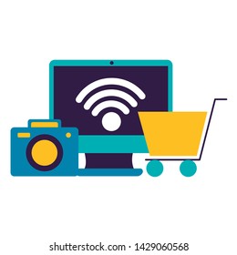 computer camera ecommerce wifi free connection vector illustration
