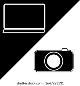 Computer and camera icons on a black and white background