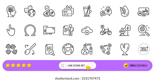 Computer, Candlestick chart and Inspect line icons for web app. Pack of Dumbbells, Tea mug, Cursor pictogram icons. Donation, Card, Savings insurance signs. 360 degrees, Grill, Stress. Vector