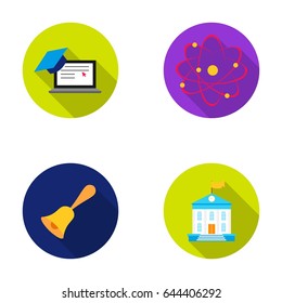 Computer, cap, atom, nucleus, bell, university building. School set collection icons in flat style vector symbol stock illustration web.