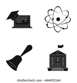 Computer, cap, atom, nucleus, bell, university building. School set collection icons in black style vector symbol stock illustration web.