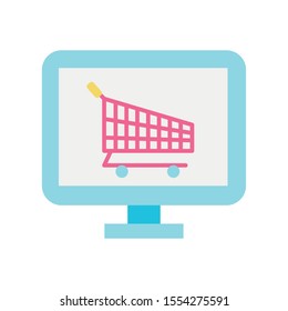 Computer and cart design, Shopping Commerce market store retail paying and buying theme Vector illustration