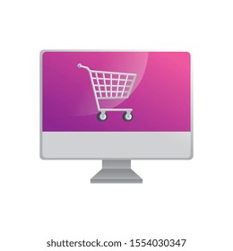 computer with cart shopping isolated icon vector illustration design
