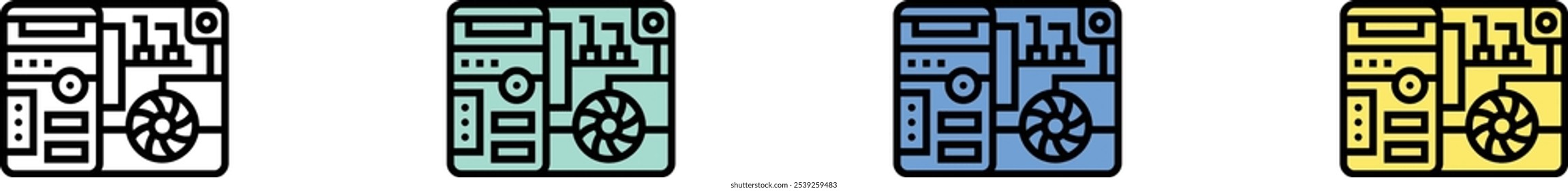 Icono de la caja del ordenador. Esquema, diseño de estilo verde, azul y amarillo aislado sobre fondo blanco