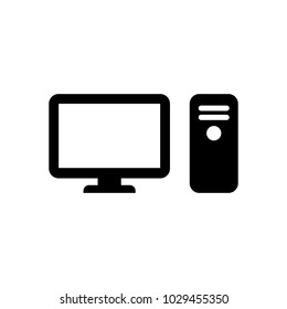 Computer case with monitor, keyboard and mouse, vector icon.