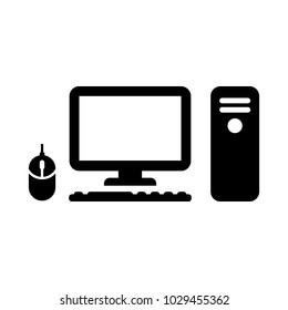 Computer case with monitor, keyboard and mouse, vector icon.