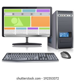 Computer Case with Monitor, Keyboard, Mouse and Responsive Web Design on Screen, isolated on white background, vector