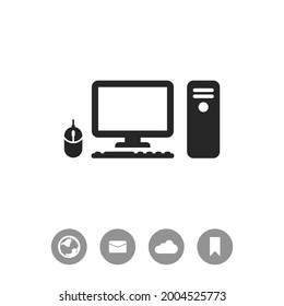Computer case with monitor, keyboard and mouse, vector icon.