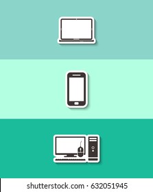 Computer case with monitor, keyboard, mouse, laptop and smartphone vector icon. Three flat design icons. 