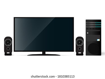 Computer case with monitor and speaker. Vector illustration isolated on white.
