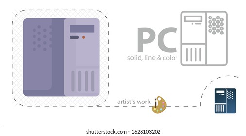 computer case PC vector flat illustration, solid, line icon