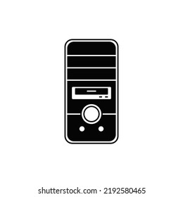 Computer case, computer tower icon in black flat glyph, filled style isolated on white background