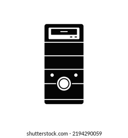 Computer case, computer tower icon in black flat glyph, filled style isolated on white background